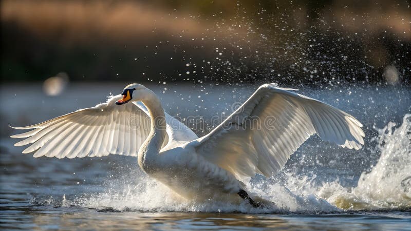Leistungsstarker weißer Schwan nimmt Flügel aus Wasser breitet Stock Foto Generative AI lizenzfreie abbildung