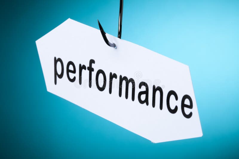 Performance written on label caught on blue background. Performance written on label caught on blue background