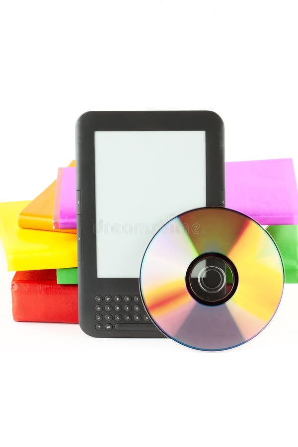 leitor do E-livro com livros e disco fotografia de stock leitor do E-livro com livros e disco fotografia de stock
