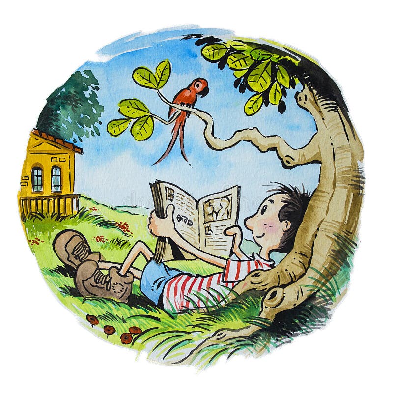 Leitura do menino sob a árvore