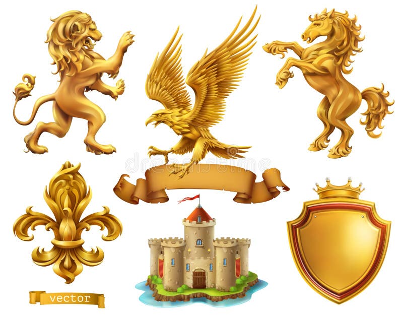 Lejon häst, örn, lilja guld- heraldiskt f? r element symbolsupps? ttning f? r vektor 3d stock illustrationer