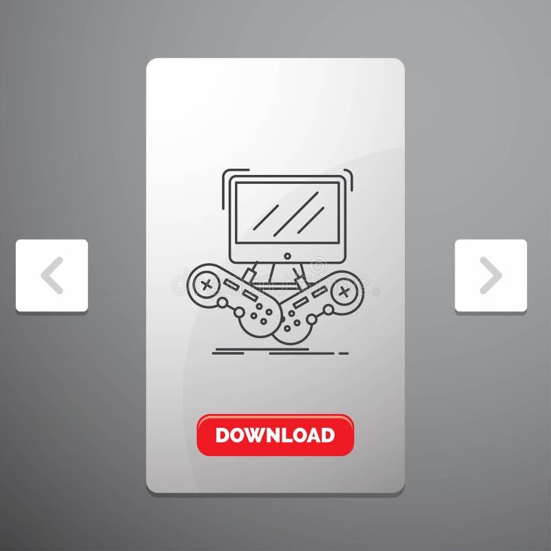 Lek, dobbel, internet, multiplayer online-linje symbol i design för Carousalpagineringsglidare & röd nedladdningknapp vektor illustrationer Lek, dobbel, internet, multiplayer online-linje symbol i design för Carousalpagineringsglidare & röd nedladdningknapp vektor illustrationer