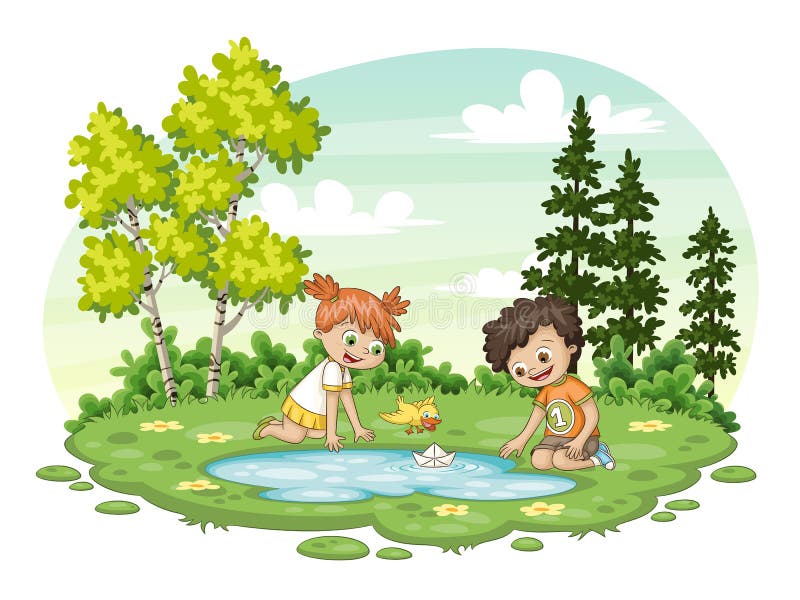 Two children play with a boat by al lake, vector illustration. Two children play with a boat by al lake, vector illustration