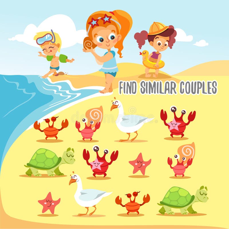 Lek för ungar med att finna sex par av gulliga strandinvånare stock illustrationer Lek för ungar med att finna sex par av gulliga strandinvånare stock illustrationer
