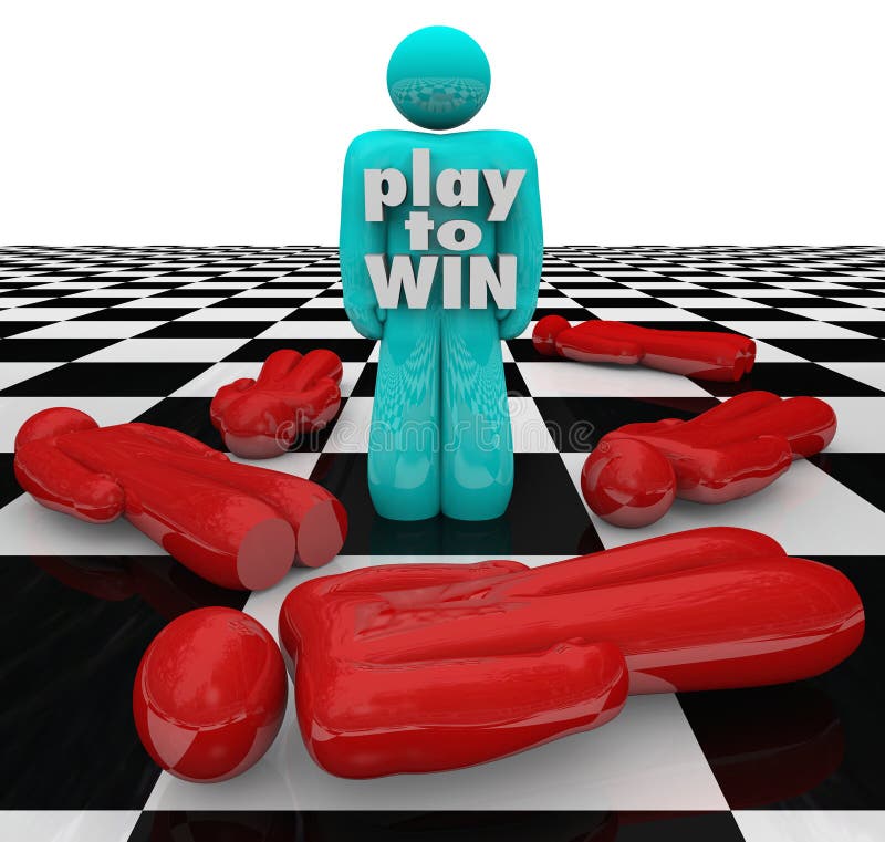 The words Play to Win on a winner of a competition, the last man or person standing on a chess board or game table. The words Play to Win on a winner of a competition, the last man or person standing on a chess board or game table