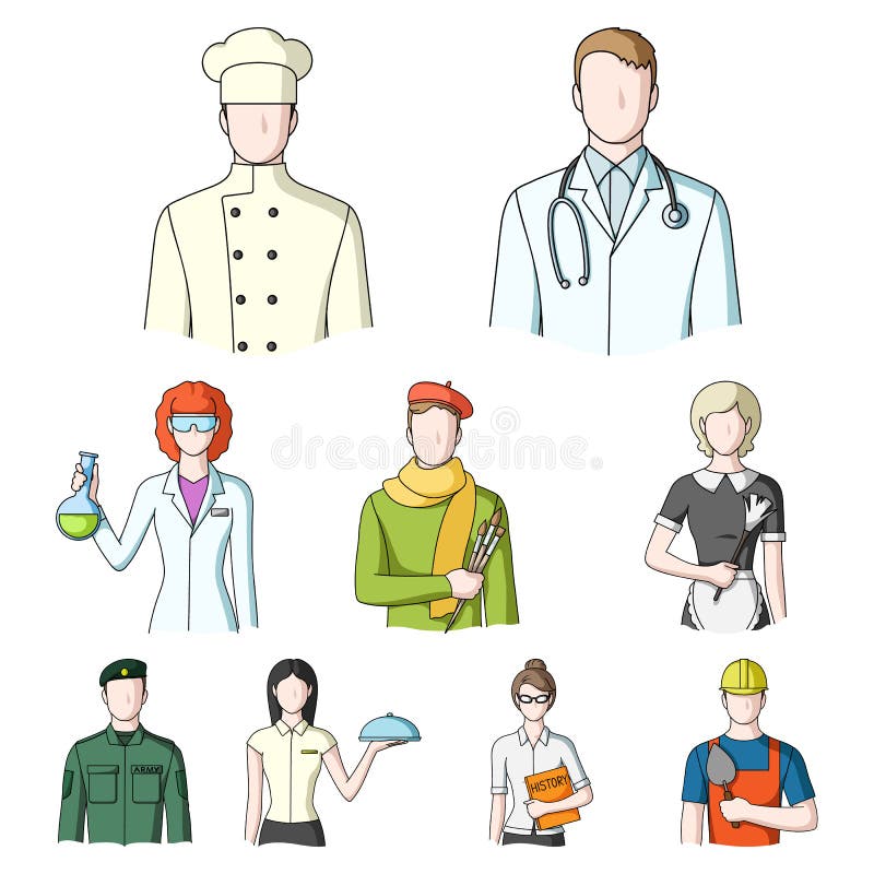 Lekarka, pracownik, wojskowy, artysta i inni typ zawód, Zawód ustalone inkasowe ikony w kreskówce projektują wektor ilustracja wektor Lekarka, pracownik, wojskowy, artysta i inni typ zawód, Zawód ustalone inkasowe ikony w kreskówce projektują wektor ilustracja wektor
