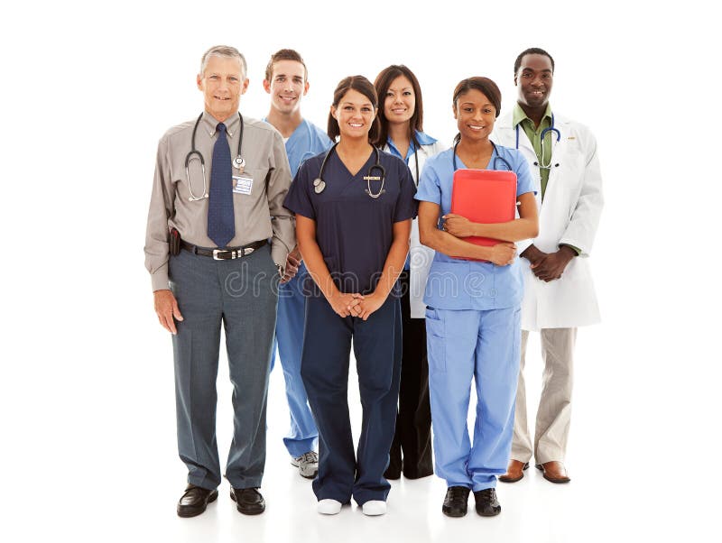 Multi-ethnic group of doctors, physicians, and nurses, both male and female. Isolated on a white background. Multi-ethnic group of doctors, physicians, and nurses, both male and female. Isolated on a white background.