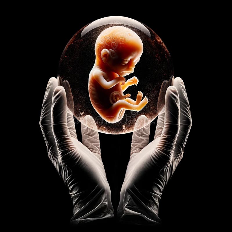 The image shows a doctor's hands carryng and protecting a baby or human fetus inside a bubble. The image shows a doctor's hands carryng and protecting a baby or human fetus inside a bubble.