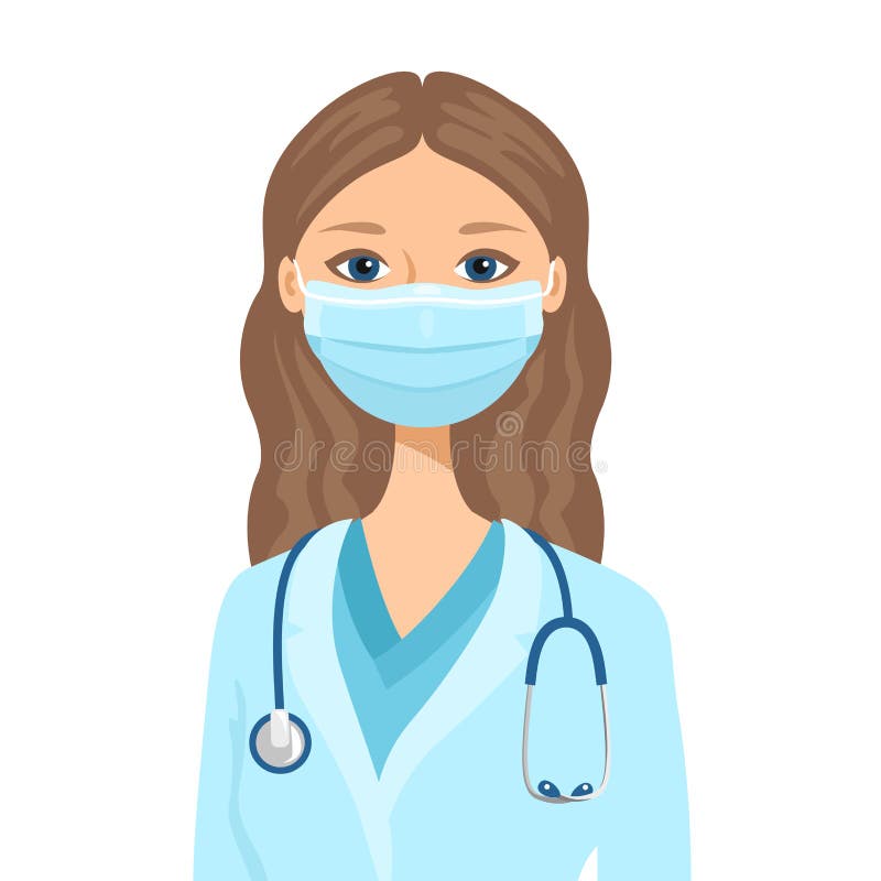 Doctor woman in surgical protective mask with stethoscope isolated on white background. Vector illustration of medical worker in cartoon flat style. Therapist girl icon. Doctor woman in surgical protective mask with stethoscope isolated on white background. Vector illustration of medical worker in cartoon flat style. Therapist girl icon.