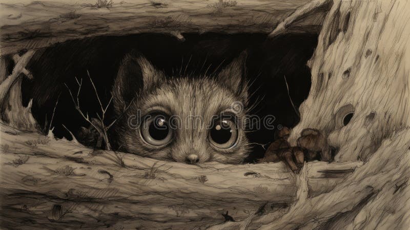 Lekfullt mörk illustration : katt som söker igenom stumphålet stock illustrationer