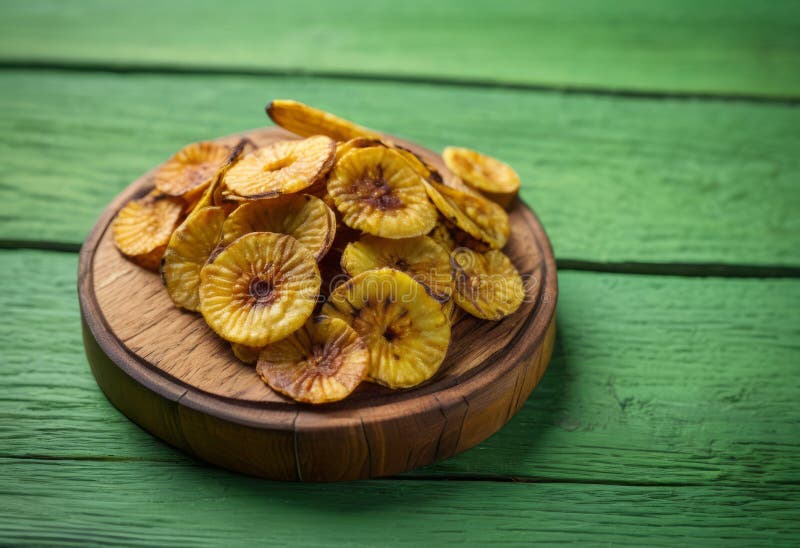 Lekko tostowane chipy bananowe na rustycznym zielonym tle. Fotaperstwo spożywcze z lekko tostowanych chipów bananowych na rustycznym zielonym tle