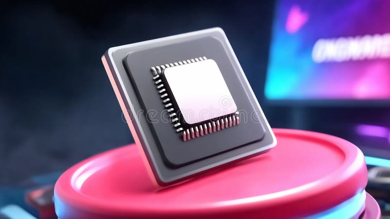 Leksam 3D-rendering av ett mikrochip på ett rosa stativ mot en digital bakgrund. Hänger högteknologisk datorkraft stock illustrationer