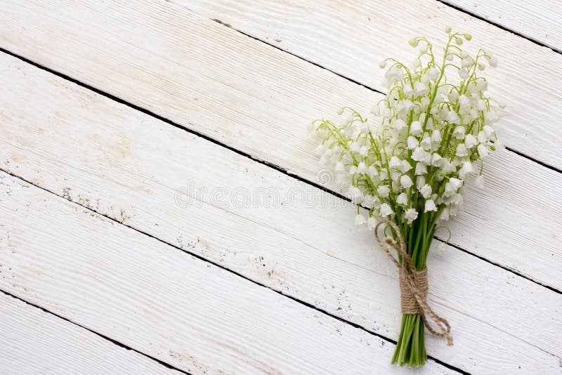 Lily of the valley bouquet of white flowers tied with string on a white background barn boards. with space for posting information. Lily of the valley bouquet of white flowers tied with string on a white background barn boards. with space for posting information