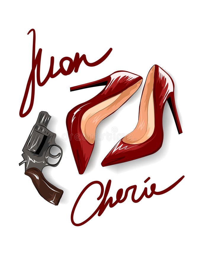Lema del cherie de lunes con talones rojos y un ejemplo de la pistola ilustración del vector Lema del cherie de lunes con talones rojos y un ejemplo de la pistola ilustración del vector