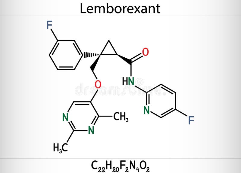 Lemborexant, C22H20F2N4O2 molecule. It is dual orexin receptor antagonist used in the treatment of insomnia.  Skeletal chemical formula. Illustration