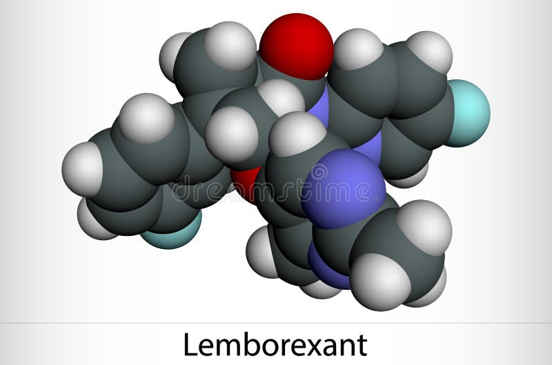 Lemborexant, C22H20F2N4O2 molecule. It is dual orexin receptor antagonist used in the treatment of insomnia. Molecular model. 3D rendering