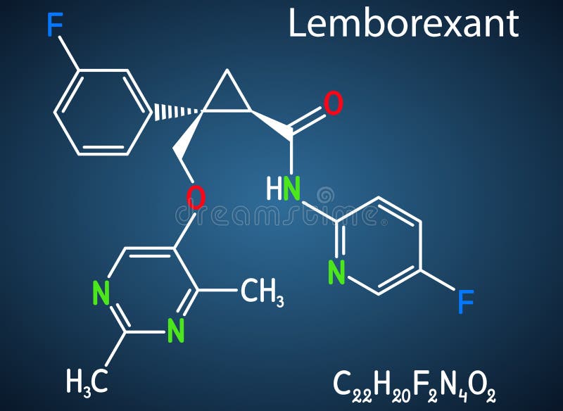 Lemborexant, C22H20F2N4O2 molecule. It is dual orexin receptor antagonist used in the treatment of insomnia. Structural chemical formula on the dark blue background. Vector illustration