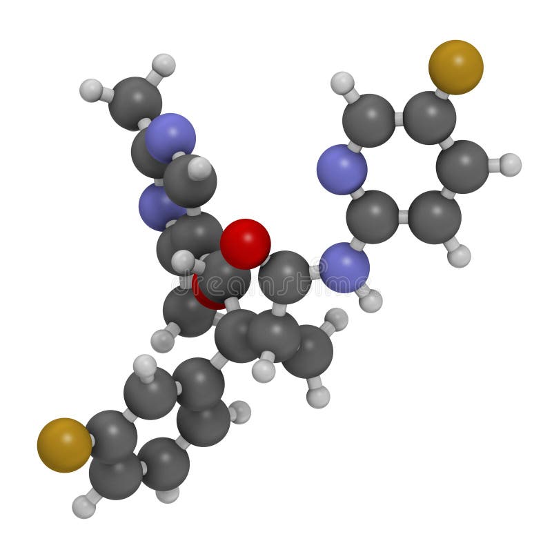 Lemborexant insomnia drug molecule. 3D rendering. Atoms are represented as spheres with conventional color coding: hydrogen white, carbon grey, nitrogen blue, oxygen red, fluorine gold