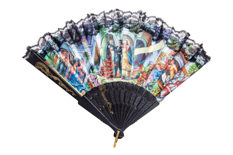 Lembrança espanhola Fã espanhol tradicional colorido bonito com a borda preta do laço isolada em um fundo branco imagens de stock royalty free Lembrança espanhola Fã espanhol tradicional colorido bonito com a borda preta do laço isolada em um fundo branco imagens de stock royalty free