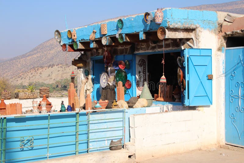 Souvenirs on display in a village in the Atlas mountains: Plates and bowls. Souvenirs on display in a village in the Atlas mountains: Plates and bowls