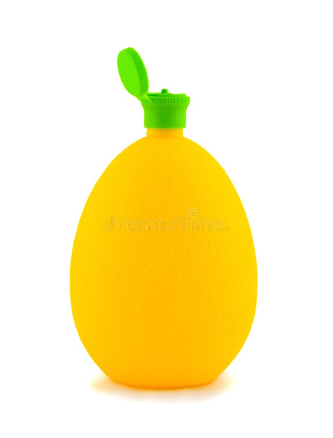 Lemon juice in bottle to form of the lemon ,isolated on white background.