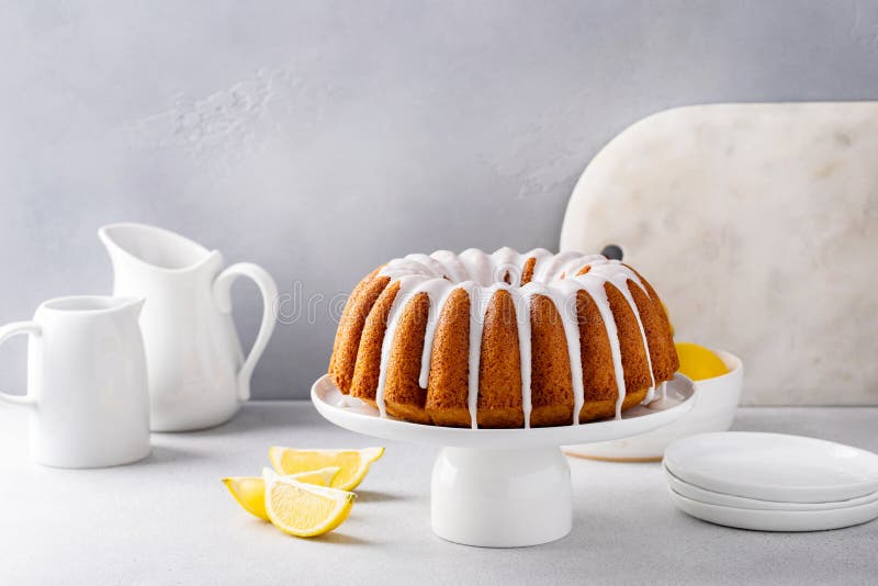 Lemon Bundt Cake Drizzled with Powdered Sugar Glaze Stock Photo Image