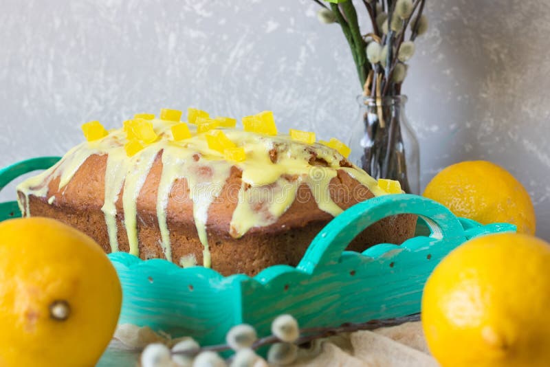 Lemon cake on a wooden tray