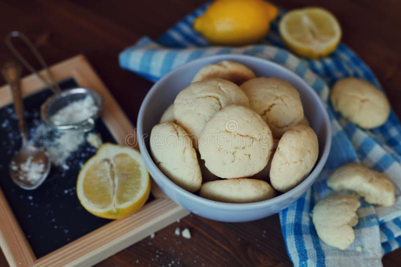 Lemon cookies in plate, biscuit Shortbread