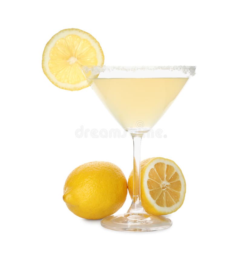 Lemon Drop Martini Cocktail and Fresh Fruits on White Background Stock