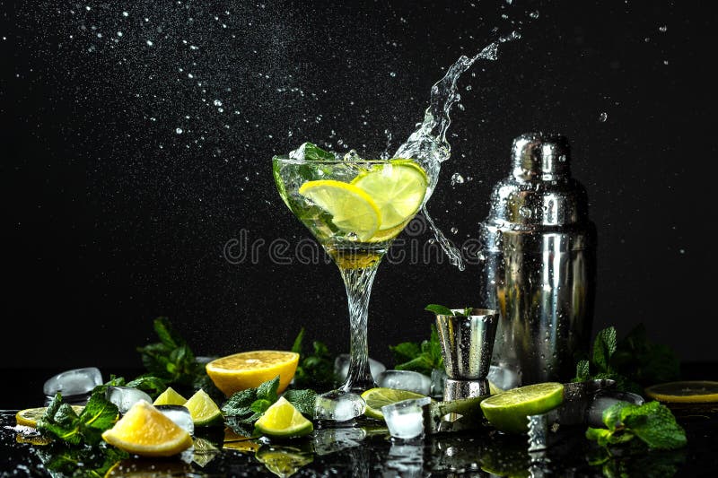 Lemon Frozen Granita Slush Drink in glasses. Italian Granita Dessert, refreshing summer Slush Drink with liquid splash, freeze