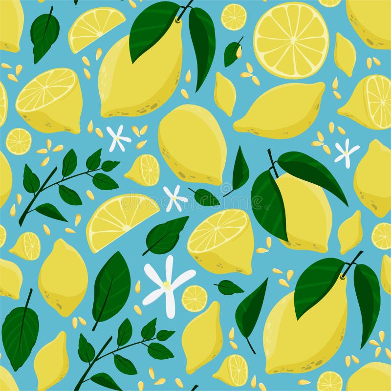Lemon, Green Leaves and Flowers Background Stock Vector - Illustration ...