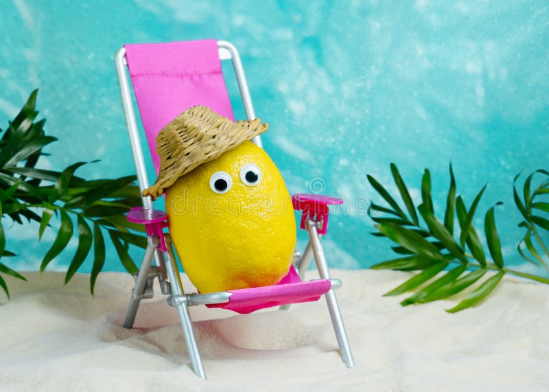 Lemon in hat  relaxes on  lounge chair on  beach. Summer tropical minimal humor poster