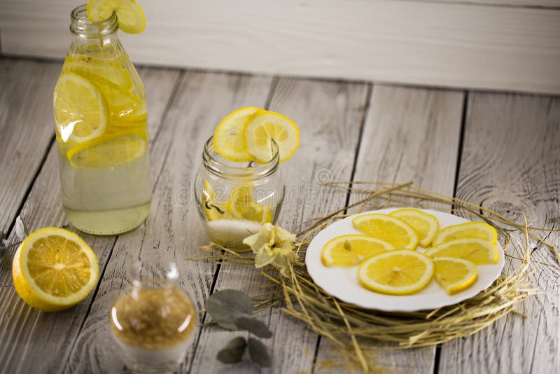 Lemon, Lemonade , Cane Sugar on Wooden Background Stock Image Image