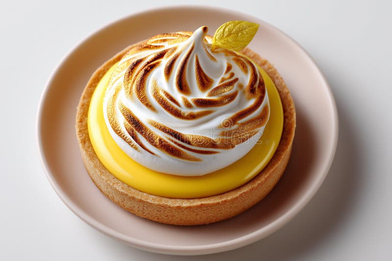 Lemon meringue börjar elegant på minimalistplattor med gyllene rostat topp. Förstärkning av den vita bakgrunden i Studio royaltyfri bild