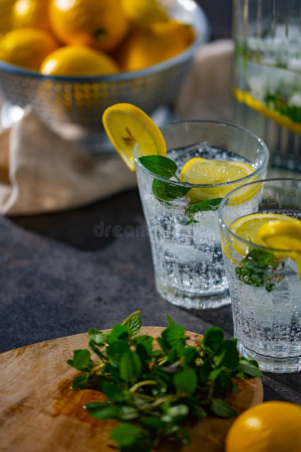 Lemon,mint and Sparkling Water Image. Stock Photo Image of freshness