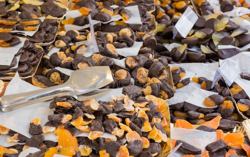 Lemon peels coated with dark chocolate. Typical Sicilian Pastry, Italy.