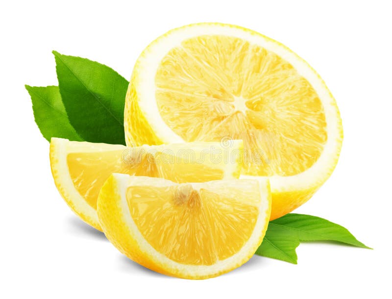 Lemon slices with leaves isolated on the white background