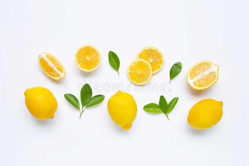 Lemon And Slices With Leaves Isolated On White Stock Image Image Of