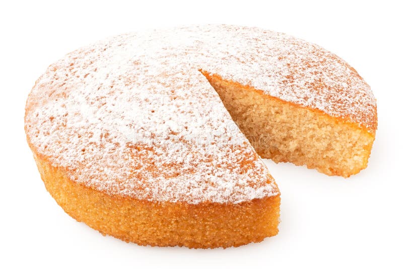 Lemon Sponge Cake with Icing Sugar Topping and Wedge Missing Isolated