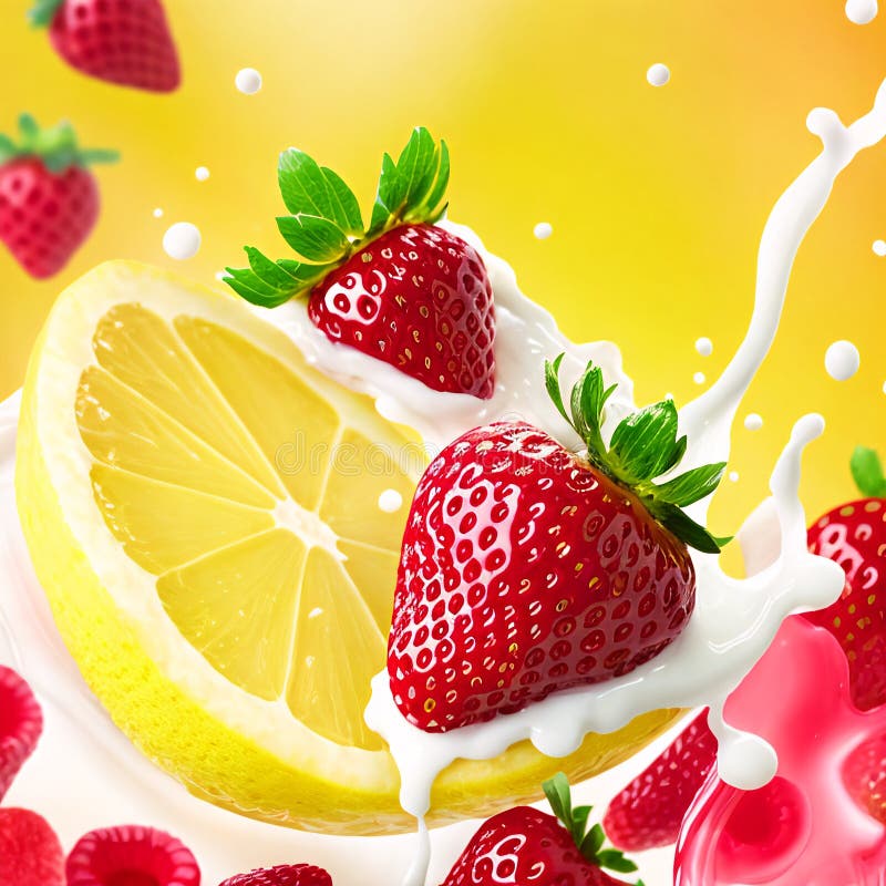 Lemon and strawberry splashing with milk on pink background. AI-generated, Generative AI. vector illustration
