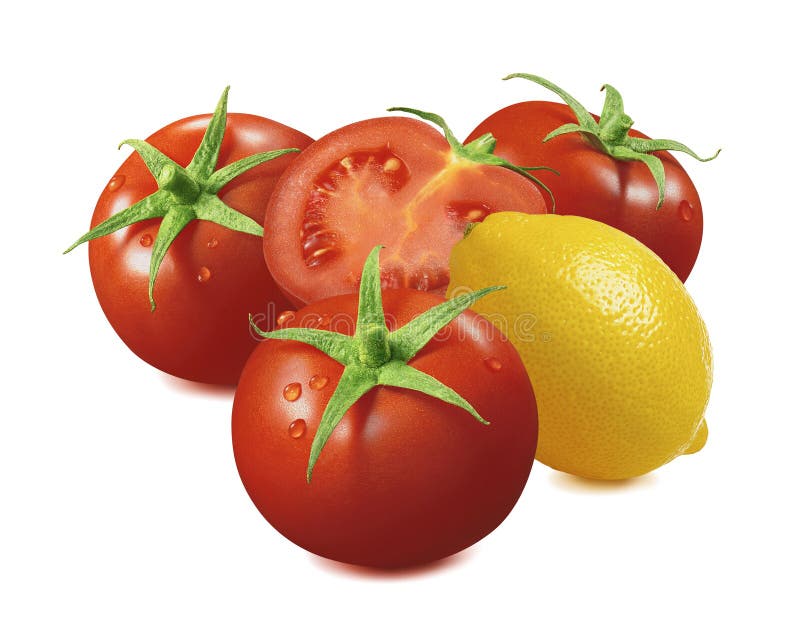 Lemon and tomato with water drops isolated on white background stock image Lemon and tomato with water drops isolated on white background stock image