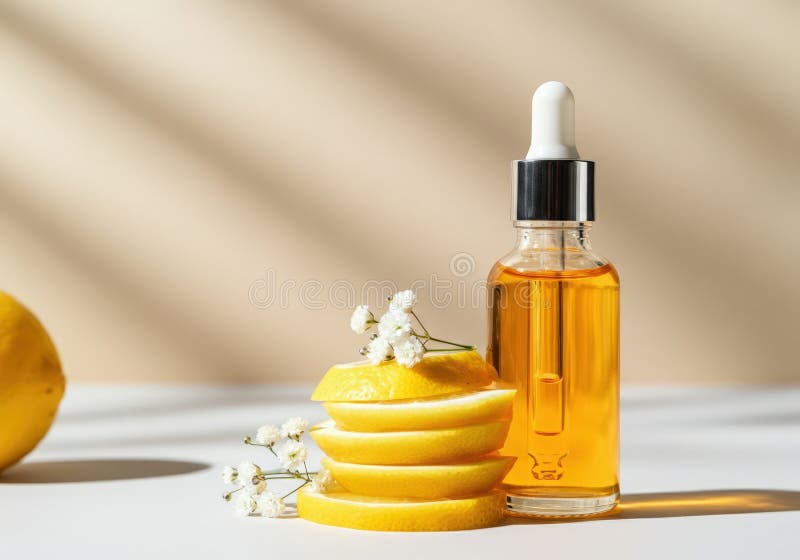 Lemon ätherische Ölflasche mit frischen Zitronenschnitzeln und Blumen auf hellem Hintergrund mit Copyspace für Text vektor abbildung