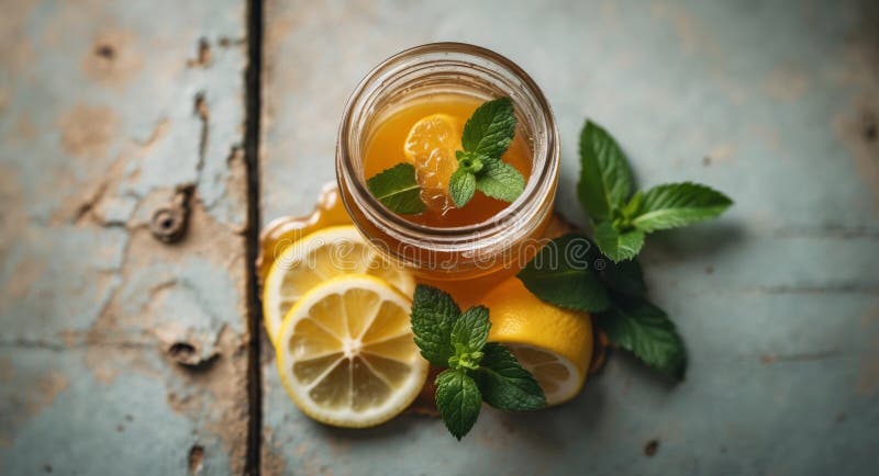 Lemonade erfrischend im Jar. Sommergeschmack mit Zitrone und Minze auf rustikalem Holz. lizenzfreie stockfotos