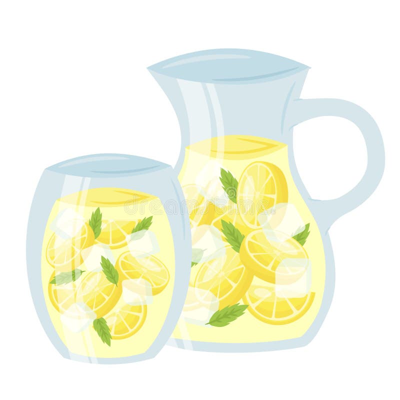 Lemonade in glass cup and pitcher cartoon icon. Lemon squash with mint leaves. Cold soft drink.