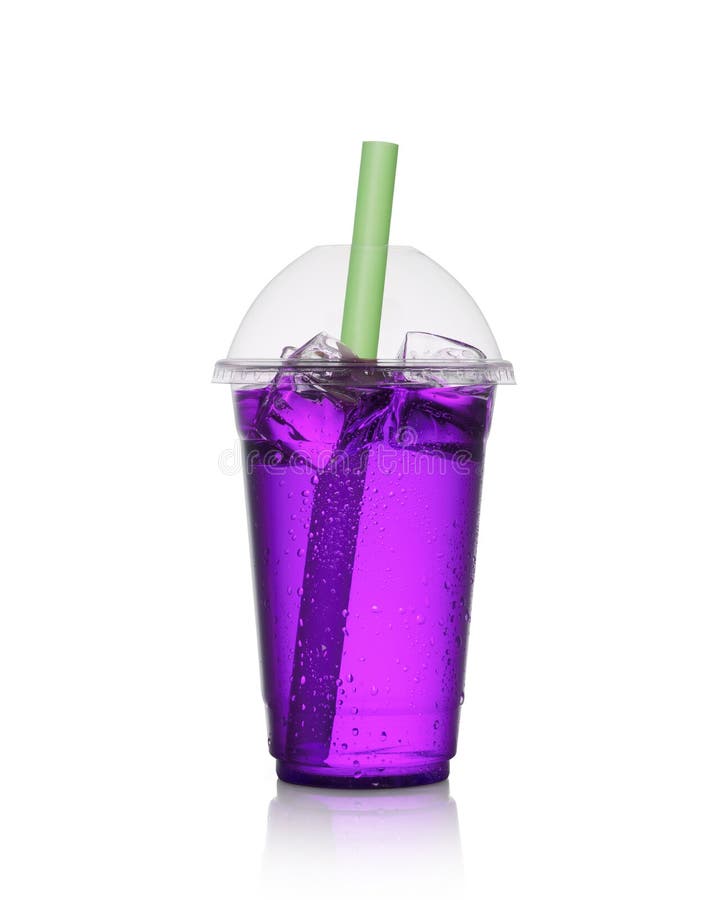 Violet glass cup with lid and straw on a white background isolated