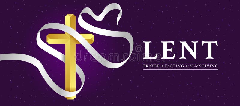 LENT, prayer, fasting and almsgiving text with white long ribbon cloth roll around gold cross crucifix sign on dark purple