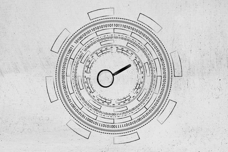 Lente d'ingrandimento circondata dal Cyberspace astratto di tecnologia me illustrazione di stock