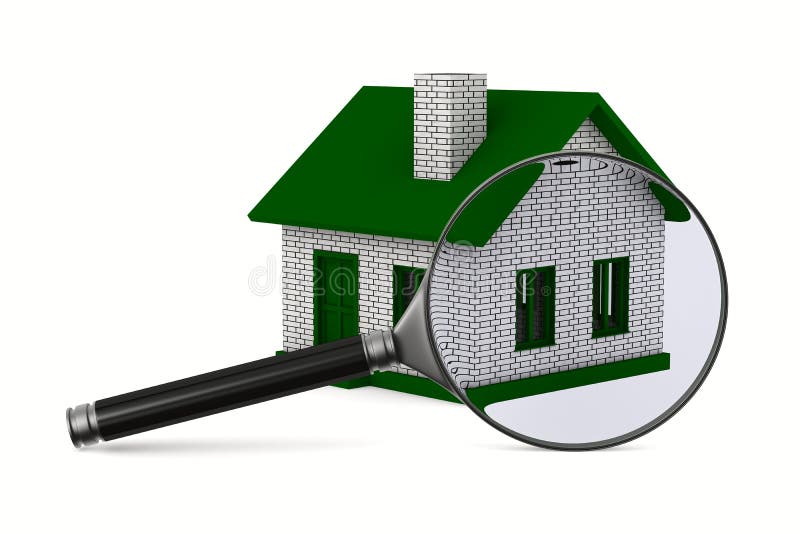 Lente de aumento e casa no fundo branco ilustração stock Lente de aumento e casa no fundo branco ilustração stock