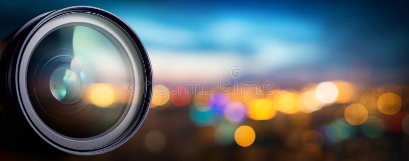 Lente de cámara con reflexiones de la lente Fondo del concepto de los medios y de la tecnología