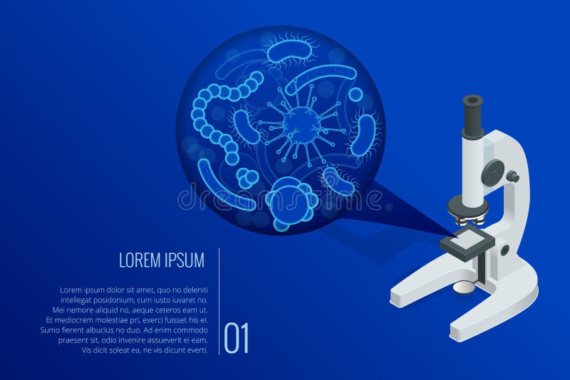 Lente isométrica del laboratorio de los microorganismos microscópicos del cuerpo del microscopio y del primer enfermedad-que caus libre illustration Lente isométrica del laboratorio de los microorganismos microscópicos del cuerpo del microscopio y del primer enfermedad-que caus libre illustration
